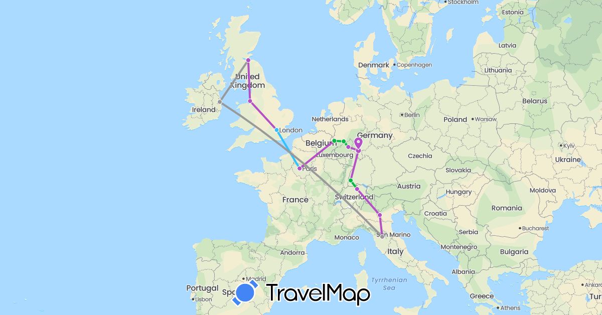 TravelMap itinerary: driving, bus, plane, train, boat in Switzerland, Germany, France, United Kingdom, Ireland, Italy (Europe)